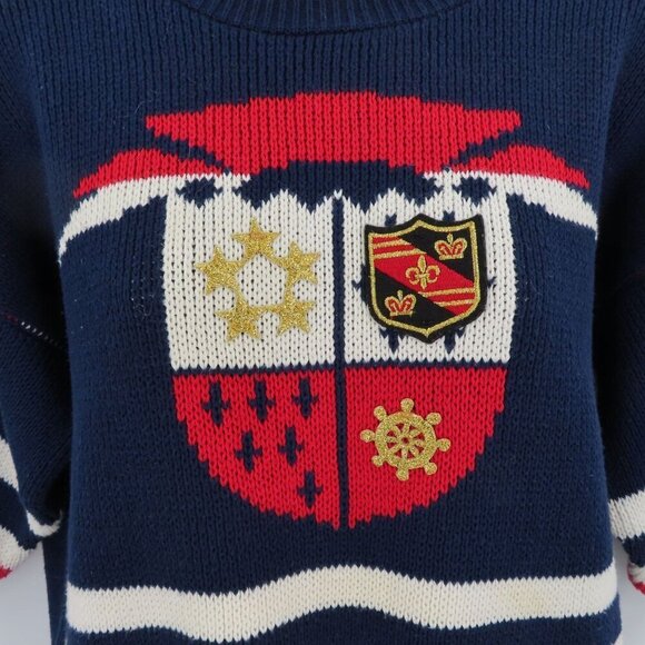Sweater Loft Womens Medium Red White Blue Stripe Embroidered Crest Sweater Shirt - Picture 3 of 10
